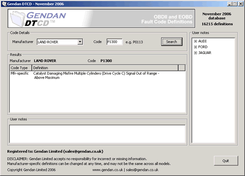 Example screenshot for Land Rover fault code P1300