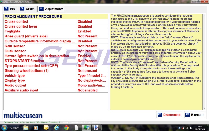 MultiECUScan - Proxi Alignment - adjustment screen